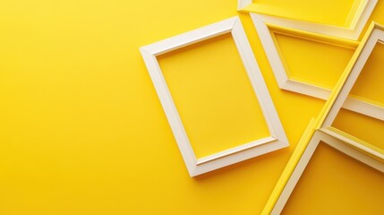White picture frames on bright yellow background creating modern geometric design