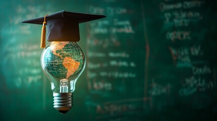 A creative visual of a glowing lightbulb with a globe and a graduation cap, symbolizing innovation in education and global learning. Great for educational content and academic campaigns.