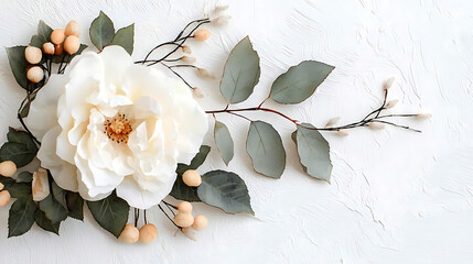 A white flower with green leaves and small berries. generated by AI