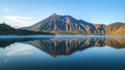 Naklejka premium Volcanic Mountain Reflection in Calm Lake at Morning Light Serene Nature Photography