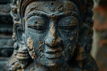 Weathered stone statue with its paint and surface eroding away