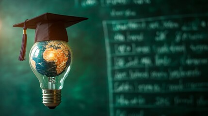 A creative visual of a glowing lightbulb with a globe and a graduation cap, symbolizing innovation in education and global learning. Great for educational content and academic campaigns.