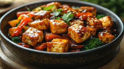Colorful stir-fried tofu with vegetables in a bowl, garnished with herbs, on a wooden table