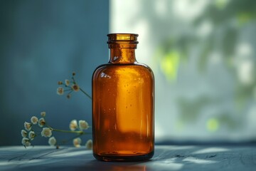 Amber bottle catching the sunlight on a table near a window with out of focus white flowers in the foreground