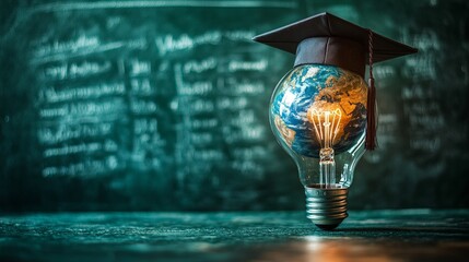 A creative visual of a glowing lightbulb with a globe and a graduation cap, symbolizing innovation in education and global learning. Great for educational content and academic campaigns.