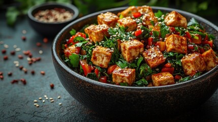 Colorful salad bowl featuring tofu, fresh vegetables, and sesame seeds on a rustic table