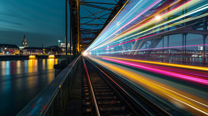 A dynamic long exposure of the Hohenzollern Bridge in Cologne, Germany, with glowing train light trails.