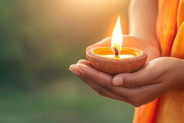 A girl holding a burning diya in her hands. Generative AI