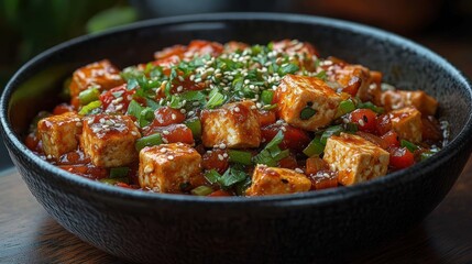 A vibrant bowl of spicy tofu stir-fry garnished with green onions and sesame seeds on a wooden table