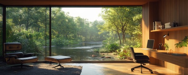 Modern home office with forest view and natural light by a tranquil river
