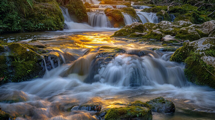 Obraz premium A long exposure of Iguazu Falls from the Brazilian side, with silky water flowing over mossy rocks.