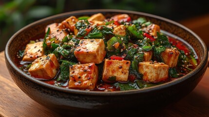 A vibrant bowl of spicy tofu stir-fry with vegetables, garnished with sesame seeds, on a wooden table
