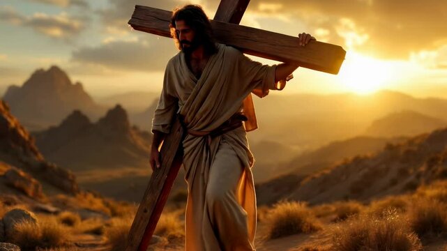 Jesus Christ Carries the Cross at Sunset: A Powerful Easter Scene of Sacrifice and Redemption