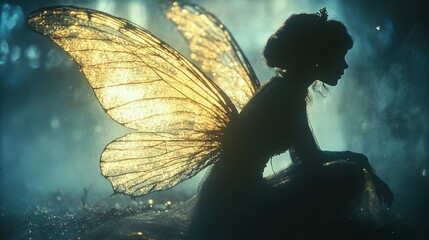 Cinematic portrayal of a retro fairy with glowing butterfly wings in a mystical 1920s forest setting