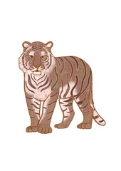 Hand drawn retro illustration of a tiger isolated on a transparent background. Monochrome flat wild and zoo animals in trendy brown color