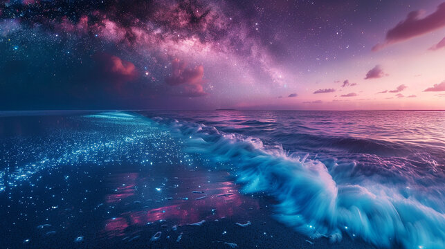 A long exposure shot of bioluminescent waves glowing in neon blue at Vaadhoo Island, Maldives.