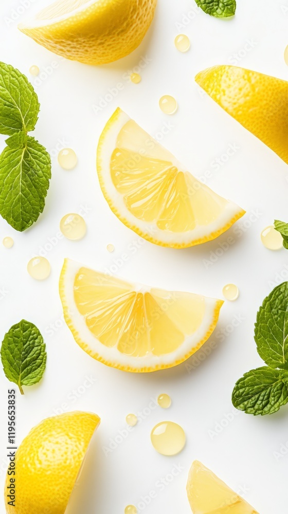 Aufkleber Slices of fresh lemon and mint leaves are levitating on a white background, creating a refreshing and vibrant visual with droplets of lemon juice adding a touch of zest