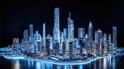 futuristic metropolis illuminated, reflecting on tranquil waters. Skyscrapers, urban, modern architecture, dazzling lights.