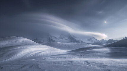A minimalist capture of smooth clouds streaking across the Matterhorn in Switzerland, surrounded by moonlit snow.