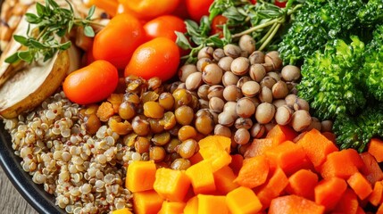 A close-up of a nutrient-dense vegan dinner, featuring lentils, quinoa