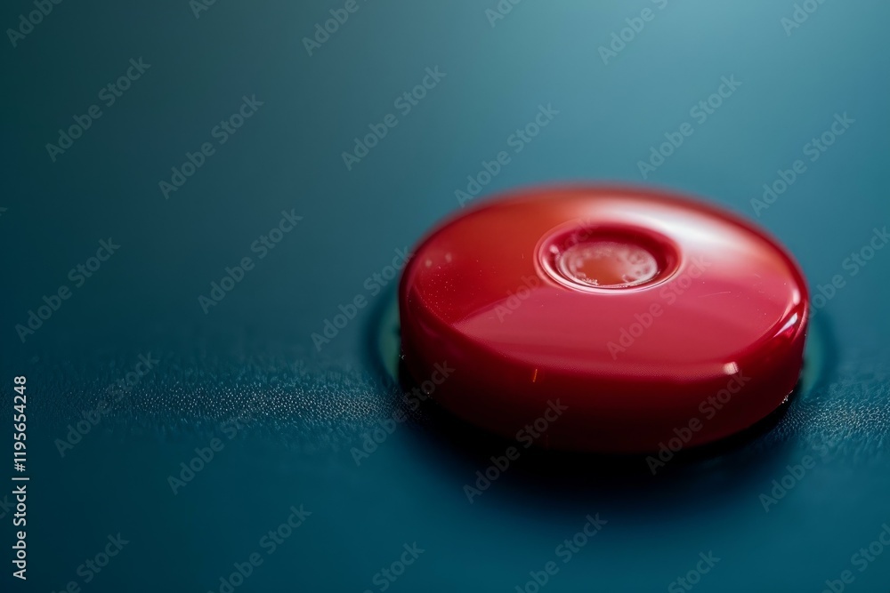 Poster shiny red button is illuminated while sitting on a blue control panel