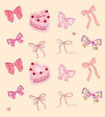 Seamless coquette bows pattern. Retro cake heart cake illustration 