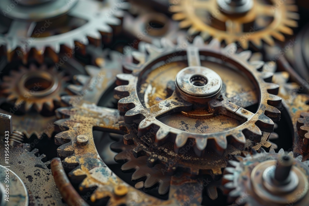 Poster close up view of interlocking gears representing teamwork and precision