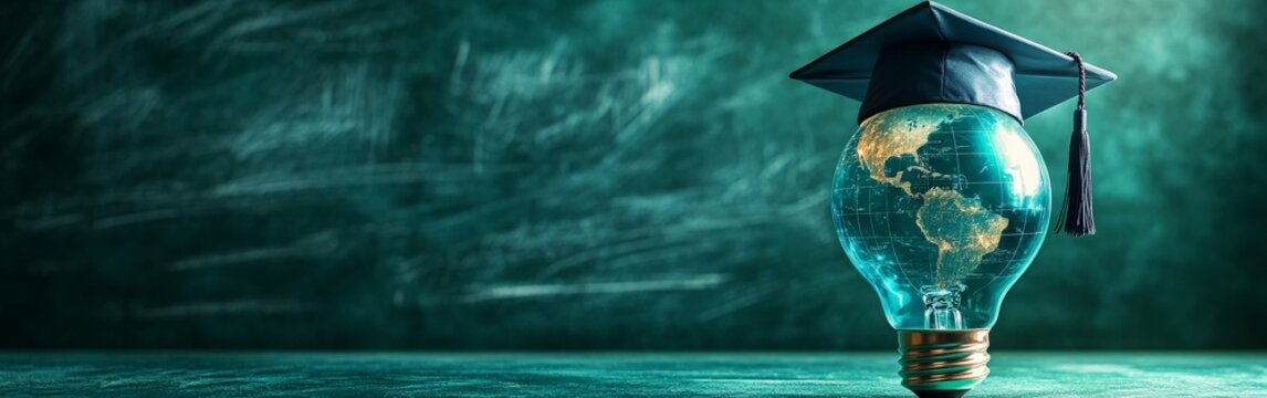 A creative visual of a glowing lightbulb with a globe and a graduation cap, symbolizing innovation in education and global learning. Great for educational content and academic campaigns.