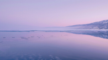 Naklejka premium A peaceful capture of Lake Baikal in Russia at dawn, with smooth, glassy water reflecting jagged ice formations.