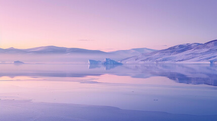 Fototapeta premium A peaceful capture of Lake Baikal in Russia at dawn, with smooth, glassy water reflecting jagged ice formations.