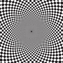 Optical checkered spiral illusion background. Magic psychedelic pattern, swirl illusions and hypnotic abstract card.