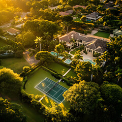 Luxury estate with tennis court and pool, bathed in golden sunlight.