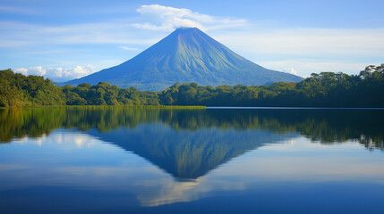 Volcanic Mountain Reflection in Calm Lake at Morning Light Serene Nature Photography







