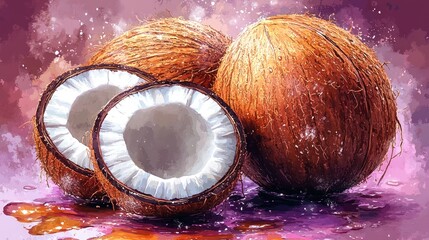 Three coconuts with one split open, showcasing the white flesh and water, set against a vibrant background