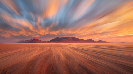 Obraz premium A peaceful sunrise over the Namib Desert in Namibia, with blurred clouds streaking across vast dunes.