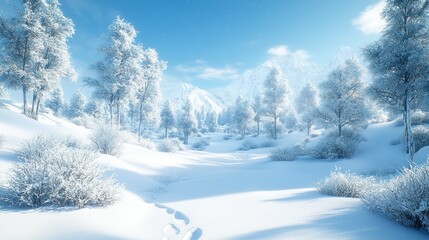 Fototapeta premium Snow-covered winter landscape with trees and mountains.