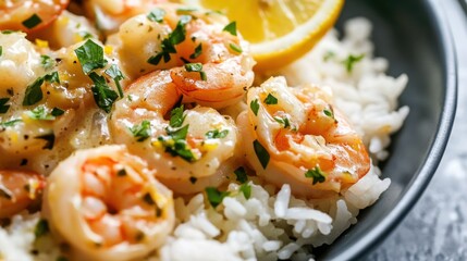 Close-up of rice with creamy lemon garlic shrimp. Featuring shrimp in a lemon garlic sauce, served over rice. Emphasizing a tangy, creamy dish. Ideal for shrimp recipes.
