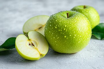 Fresh, green apples with water droplets and leaves
