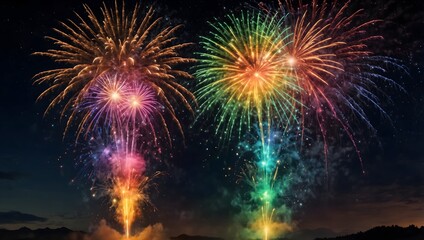 Fototapeta premium A vibrant display of fireworks bursts against a dark sky. 