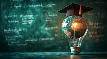 A creative visual of a glowing lightbulb with a globe and a graduation cap, symbolizing innovation in education and global learning. Great for educational content and academic campaigns.
