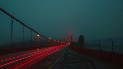 Fototapeta premium A serene long exposure of the Golden Gate Bridge in San Francisco at dusk, with streaks of car lights.