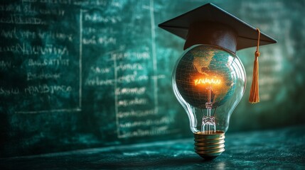 A creative visual of a glowing lightbulb with a globe and a graduation cap, symbolizing innovation in education and global learning. Great for educational content and academic campaigns.