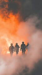 Firefighters walking in silhouette through heavy smoke and fire during an emergency operation, demonstrating bravery and teamwork in hazardous conditions