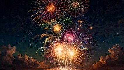 A vibrant firework display is shown against a dark night sky filled with stars. The fireworks burst in a variety of colors, including red, yellow, and blue.

