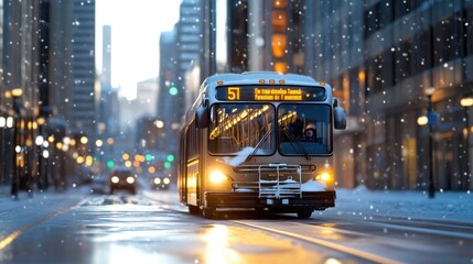 Fototapeta premium Radiant Snowy Bus in Winter Morning