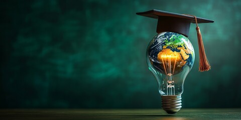 A creative visual of a glowing lightbulb with a globe and a graduation cap, symbolizing innovation in education and global learning. Great for educational content and academic campaigns.