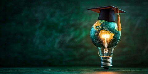 A creative visual of a glowing lightbulb with a globe and a graduation cap, symbolizing innovation in education and global learning. Great for educational content and academic campaigns.