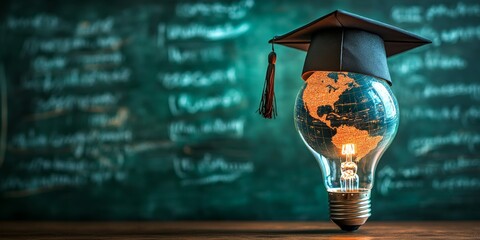 A creative visual of a glowing lightbulb with a globe and a graduation cap, symbolizing innovation in education and global learning. Great for educational content and academic campaigns.