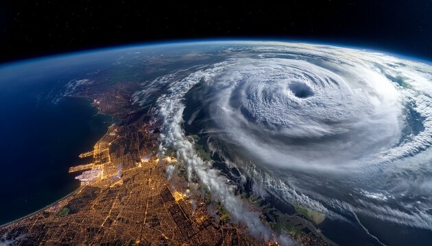 satellite view of a hurricane over the eastern u s coast showing city lights and cloud patterns high altitude view of a hurricane with swirling cloud formations