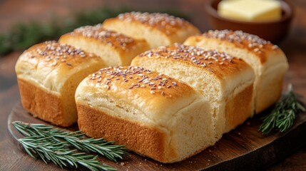 Freshly baked soft bread loaves with sesame seeds on a wooden board, garnished with herbs and butter